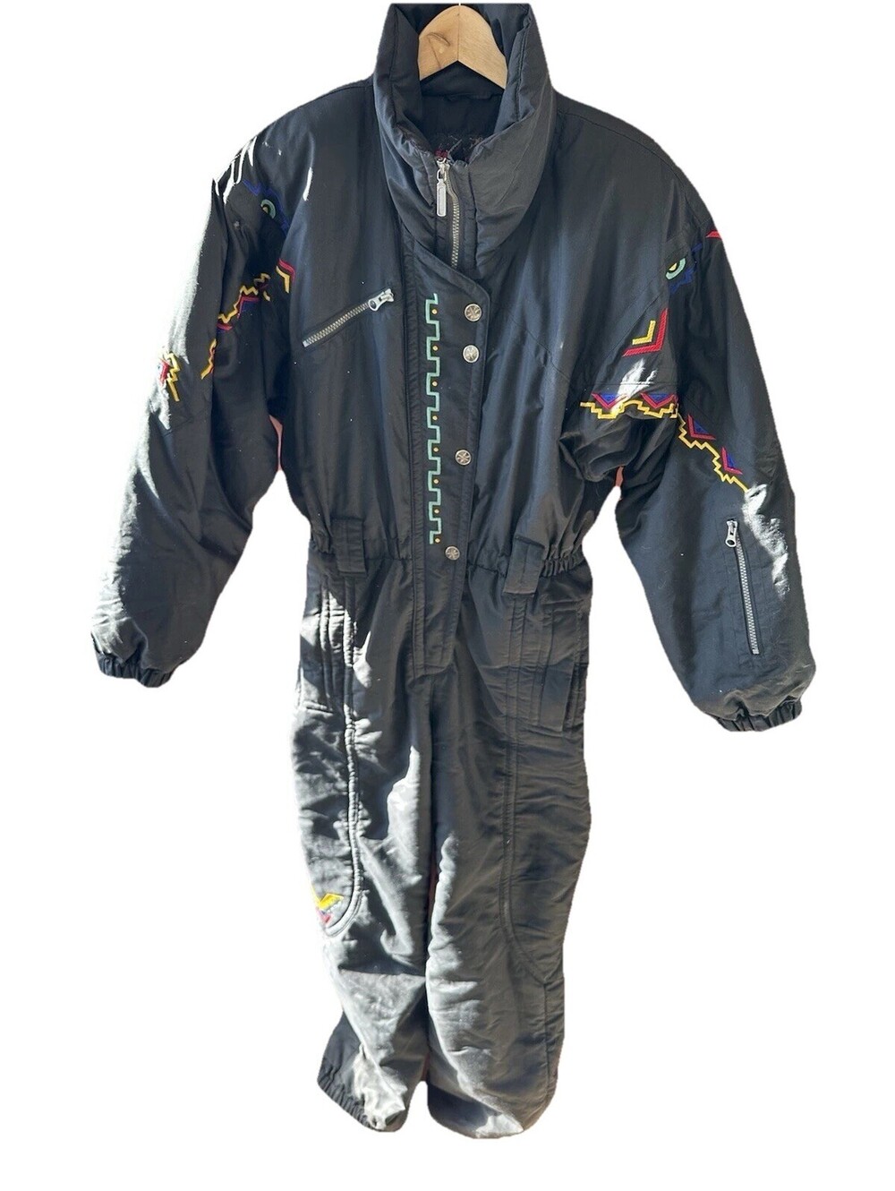 Vintage Kaelin Onepiece Ski Snowsuit Black Size 10 Southwestern Embroidery 1980